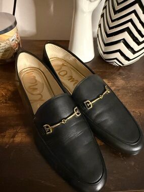 Sam Edelman Black Leather Loafers with Gold Horsebit